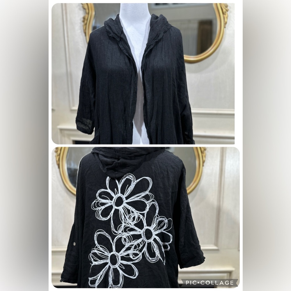 Gigi Moda Italy Linen Hooded Jacket Black Drawstring Hem‎ Floral Back OS